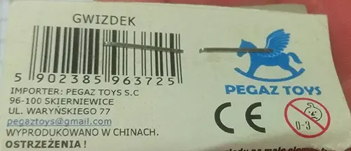 Foto aus der offiziellen Meldung: Pegaz Toys Gwizdek Pfeifspielzeug — Risiko: Ersticken