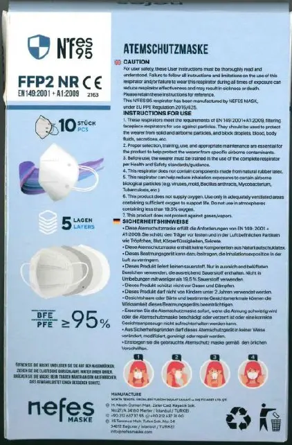 Photo de l’avis officiel: nefes MASKE N'fes 95 ATEMSCHUTZMASKE Masque filtre à particules — risque: Risque sanitaire/autre