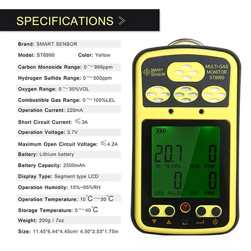 Foto uit de officiële melding: Smart Sensor ST8990 Multi Gas Monitor Multi-gasmonitorapparaat — risico: Brandwonden
