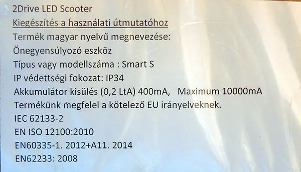 Photo from the official notice: 2Drive 2Drive LED  Series Balance Scooter self-balancing scooter (hoverboard) — burns & fire risk