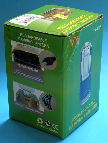 Photo de l’avis officiel: YX (on the box); LE ROYAL (on the label) RECHARGEABLE CAMPING LANTERN Lampe LED portable — risque: Brûlures & Choc électrique