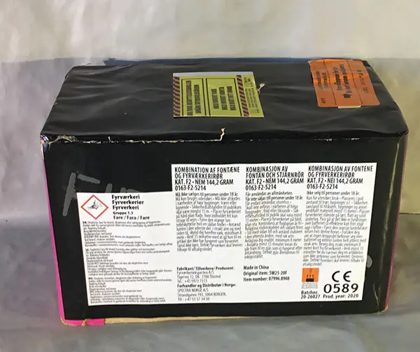 Photo from the official notice: Fyrværkerieksperten a/s Big Box 9 firework — fire risk
