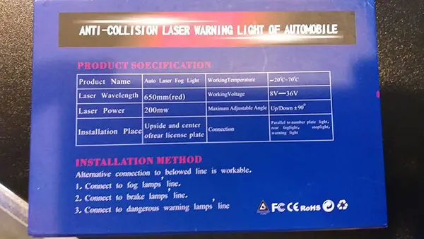 Foto del aviso oficial: Anti-collision laser warning light of automobile Luz de niebla láser para coche — riesgo: Daño a la vista