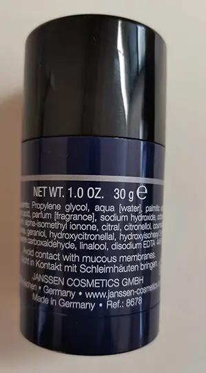 Foto uit de officiële melding: Janssen Cosmetics Long Lasting Deodorant, Men Deodorant stok — risico: Chemische risico's