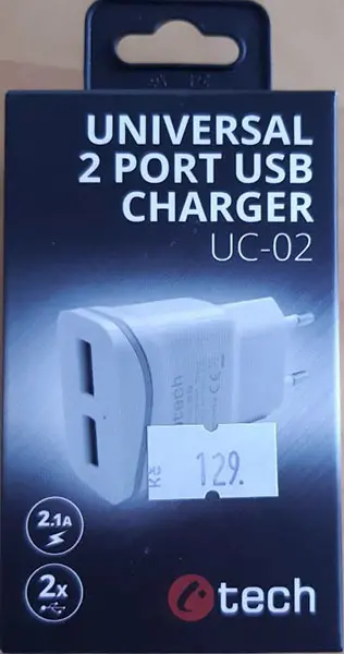 Foto uit de officiële melding: C-tech Universal 2-ports USB Charger USB netlader — risico: Elektrische schok