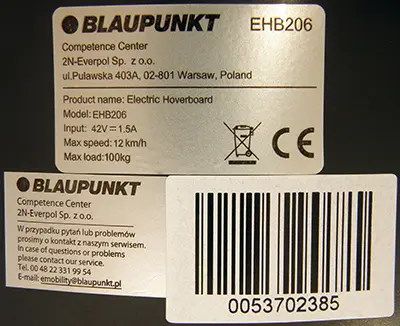 Photo de l’avis officiel: Blaupunkt ELECTRIC HOVERBOARD / Elektromos deszka Scooter auto-équilibrage (hoverboard) — risque: Blessures
