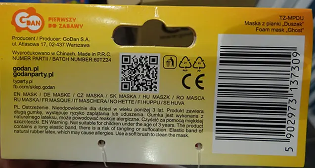 Foto do aviso oficial: GoDan Foam mask "Ghost" Máscara de fantasia — risco: Queimaduras