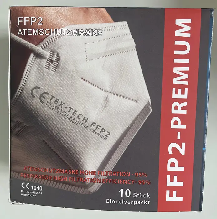 Foto aus der offiziellen Meldung: TEX-TECH FFP2 respiratory mask high filtration efficiency Partikelfiltermaske — Risiko: Gesundheitsrisiken/Sonstige