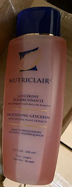Photo from the official notice: NUTRICLAIR Glycérine éclaircissante aux extraits naturels de plantes - sans hydroquinone skin-lightening produ — chemical risk