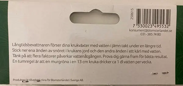 Photo de l’avis officiel: Blomsterlandet Långtidsbevattnare Arrosage des cordes — risque: Risque chimique & Environnement