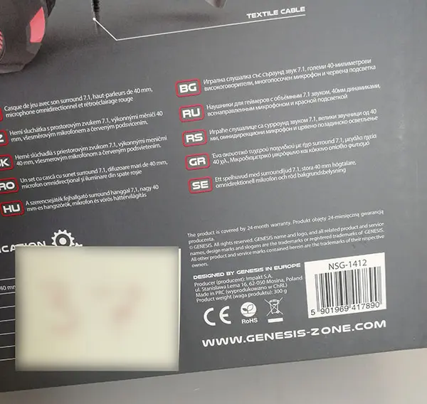 Foto dell’avviso ufficiale: Genesis Genesis Radon 200 Cuffie da gioco — rischio: Rischio chimico