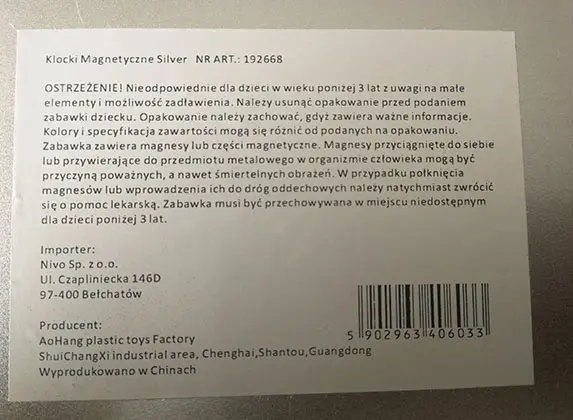 Foto dell’avviso ufficiale: Klocki Magnetyczne Silver Blocchi magnetici — rischio: Lesioni