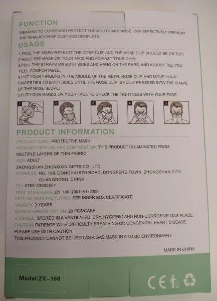 Photo from the official notice: ZSYONGLAI Protective Mask KN95 particle filter mask — health risk