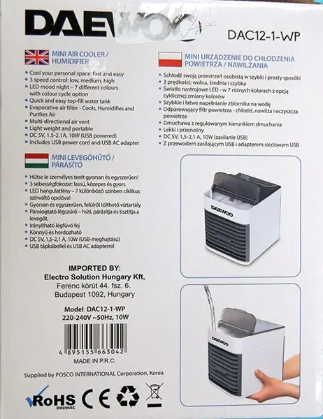 Photo de l’avis officiel: Daewoo Mini Air Cooler/Humidifier Humidificateur d’air — risque: Choc électrique & Risque microbiologique