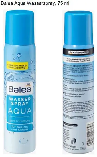 Foto dell’avviso ufficiale: dm Balea Aqua Wasserspray Spray acqua per viso e corpo — rischio: Rischio microbiologico