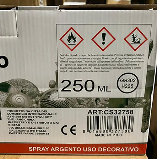 Photo from the official notice: C.STAR Spray argento ad uso decorativo in areosol decorative spray — burns risk