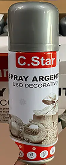 Photo from the official notice: C.STAR Spray argento ad uso decorativo in areosol decorative spray — burns risk
