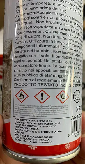 Photo from the official notice: C.STAR Spray argento ad uso decorativo in areosol decorative spray — burns risk