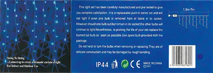 Photo de l’avis officiel: 180 ICICLE LIGHT 8M+LED Chaîne d’éclairage — risque: Brûlures & Choc électrique