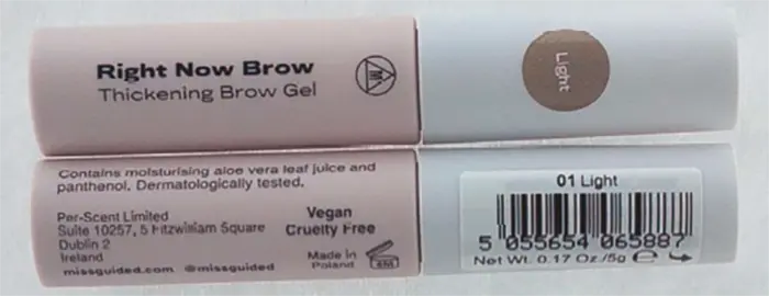 Foto aus der offiziellen Meldung: Missguided Right Now Brow Thickening Brow Gel Augenbrauengel — Risiko: Mikrobiologisches Risiko