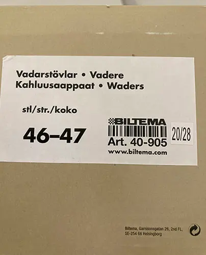 Photo de l’avis officiel: Biltema Vadarstövlar Bottes de wader — risque: Risque chimique & Environnement