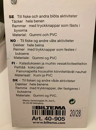 Photo de l’avis officiel: Biltema Vadarstövlar Bottes de wader — risque: Risque chimique & Environnement