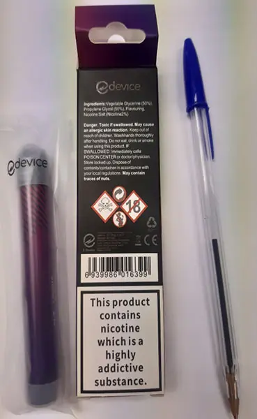 Photo de l’avis officiel: device Nic Salts 600 puffs Cigarette électronique jetable — risque: Risque chimique