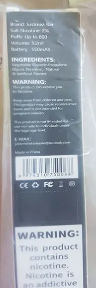 Photo from the official notice: Justmist Bar 2% Justmist Bar 2% 800 puffs 3.2ml disposable electronic cigarette — chemical risk