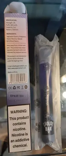 Photo from the official notice: Vapeman Solo Bar Vapeman Solo Bar 2% 2ml disposable electronic cigarette — chemical risk
