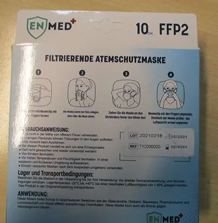 Photo from the official notice: EN MeD+ Filtrierende atemschutzmaske FFP2 NR particle filter mask — health risk