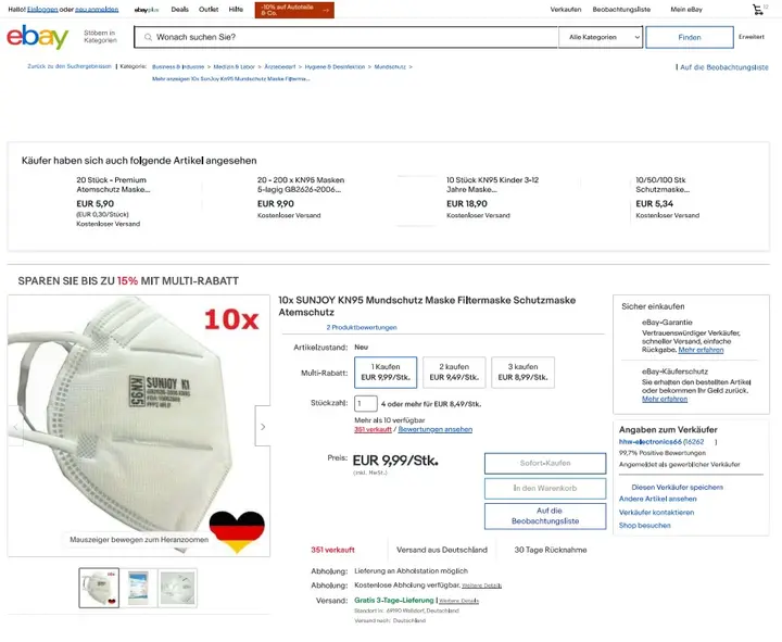 Photo from the official notice: Sunjoy Self-suction filter KN95 Respiratory Protective Face Mask particle filter mask — health risk