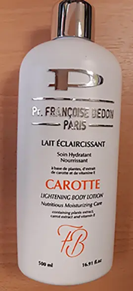 Foto do aviso oficial: Pr. Francoise Bedon Paris Lait éclaircissant Soin Hydratant Nourrissant CAROTTE Leite para clarear a pele — risco: Químico
