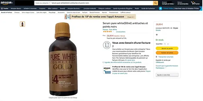 Photo from the official notice: Pure White Gold Glowing - Correcteur de tâches - Sérum révélateur dark spot serum — chemical risk