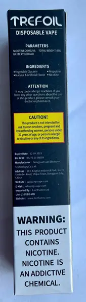 Foto dell’avviso ufficiale: Trefoil 1600 puffs Trefoil 1600 puffs 20mg/ml Sigaretta elettronica usa e getta — rischio: Rischio chimico