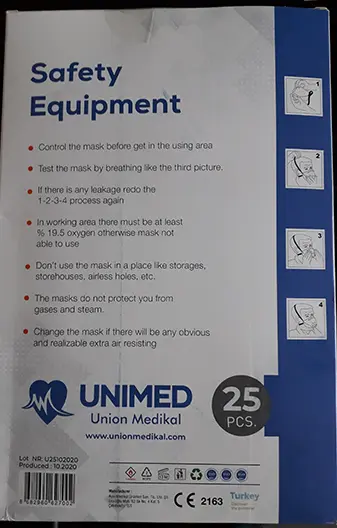 Foto uit de officiële melding: UNIMED Union Medikal Particulate Respirator Deeltjesfiltermasker — risico: Gezondheidsrisico/overige