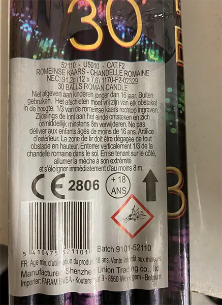 Photo de l’avis officiel: Faram Fireworks Roman Candle 30 Feux d’artifice — risque: Brûlures & Dommages à la vue