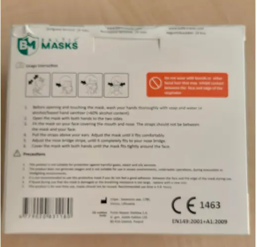 Foto uit de officiële melding: BALTIC MASKS PROTECTIVE RESPIRATOR FFP2 Deeltjesfiltermasker — risico: Gezondheidsrisico/overige