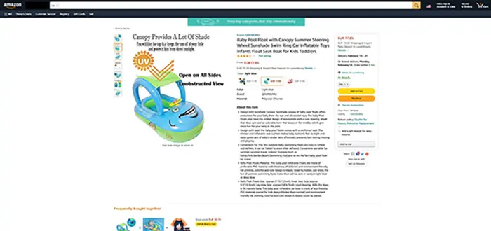 Foto dell’avviso ufficiale: QIAONIUNIU Baby Pool Float with Canopy Summer Steering Wheel Sunshade Swim Ring Car Inflatable Toys Infants .. — rischio: Annegamento