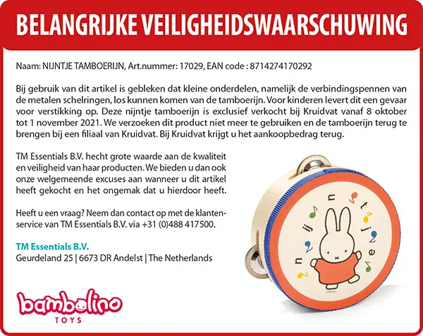 Foto del aviso oficial: Bambolino Toys/ TM Essentials BV Tambourine Nijntje/Miffy Pandereta de juguete — riesgo: Atragantamiento