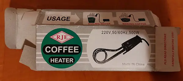 Foto aus der offiziellen Meldung: RJE Coffee heater Eintauchheizung — Risiko: Elektrischer Schlag