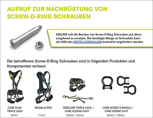 Foto uit de officiële melding: Edelrid Screw-D-Ring to Harnesses Schroef-D-ring voor klimtuigen — risico: Verwonding
