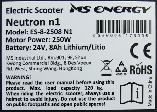 Photo from the official notice: MS ENERGY NEUTRON n1 Electric Scooter — burns & fire risk
