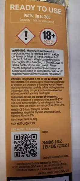 Photo from the official notice: Dainty's Buzz Bar Dainty's Buzz Bar 1.3 ml disposable electronic cigarette — chemical risk