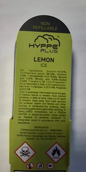 Foto aus der offiziellen Meldung: Hyppe Plus 20 mg/ml nicotine 1.6 ml volume Hyppe Plus 20 mg/ml nicotine 1.6 ml volume Einweg-elektronische Zig — Risiko: Chemikalie