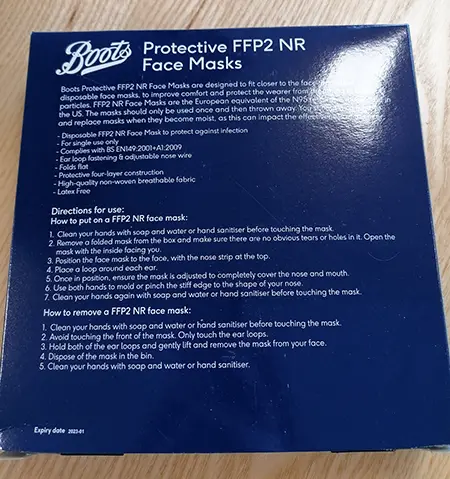 Photo de l’avis officiel: Boots Protective FFP2 NR Face Masks Masque filtre à particules — risque: Risque sanitaire/autre