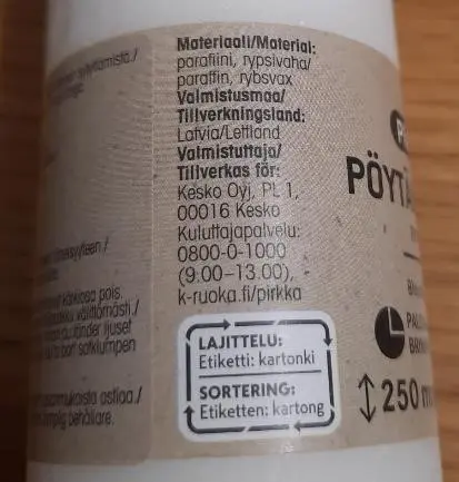 Foto do aviso oficial: Pirkka Pirkka pöytäkynttilä Vela — risco: Queimaduras & Incêndio
