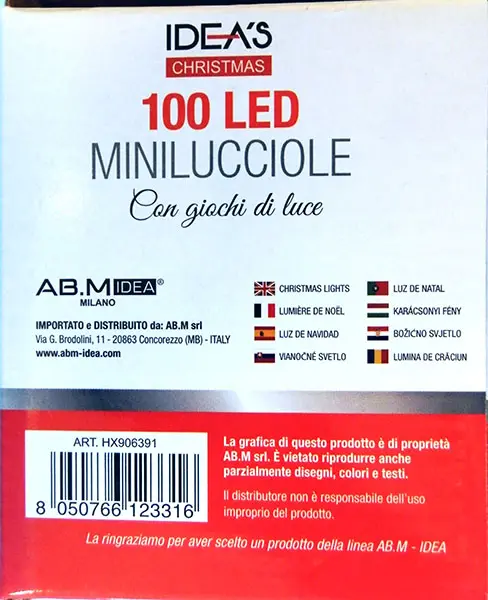 Photo from the official notice: IDEA IDEA’S CHRISTMAS 100 LED  MINILUCCIOLE lighting chain — electric shock risk (A12/00378/22)