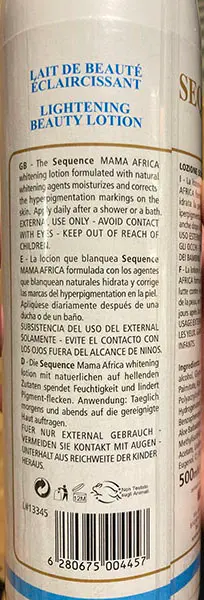 Photo de l’avis officiel: Mama Africa Cosmetics Sequence Lightening Beauty Lotion Lotion éclaircissante pour la peau — risque: Risque chimique