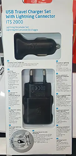 Foto uit de officiële melding: ISY USB Travel Charger Set With Lightning Connector USB reislader — risico: Brandwonden & Elektrische schok