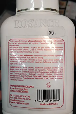 Photo de l’avis officiel: ROSANCE X20 Whitening Body Lotion Lotion pour le corps éclaircissant la peau — risque: Risque chimique